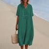 Women's V-Neck Casual Dresses  Beach Holiday Solid Color Vacation Leisure Dresses Loose Cotton Linen Shirt Dress