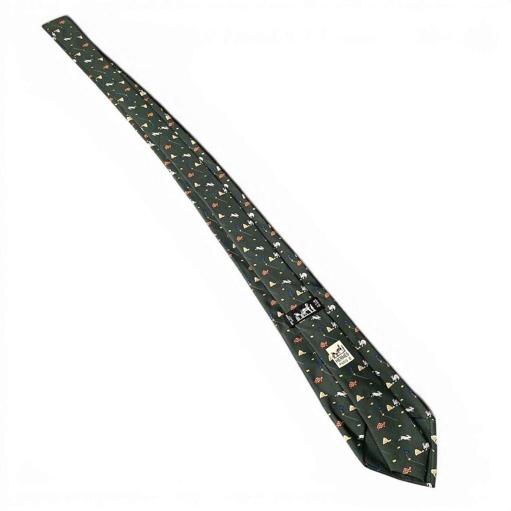 Used g18 HERMES tie rabbit turtle pattern all-over print made in France green 100% silk men's