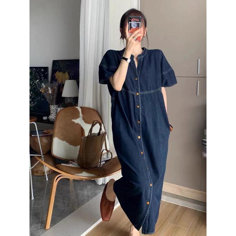 

Hong Kong Retro Denim Midi Dress - Summer 2025 Women s Casual Loose Fit M темно-синього кольору
