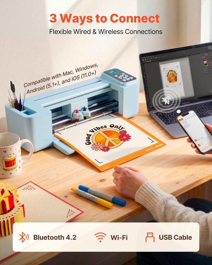 Vinyl-Schneidemaschine, 305 mm, Knopf- und Bildschirngesteuerter Vinylschneider, 5000+ integrierte Designressourcen, Kompatibel mit Mac, Windows, Android und