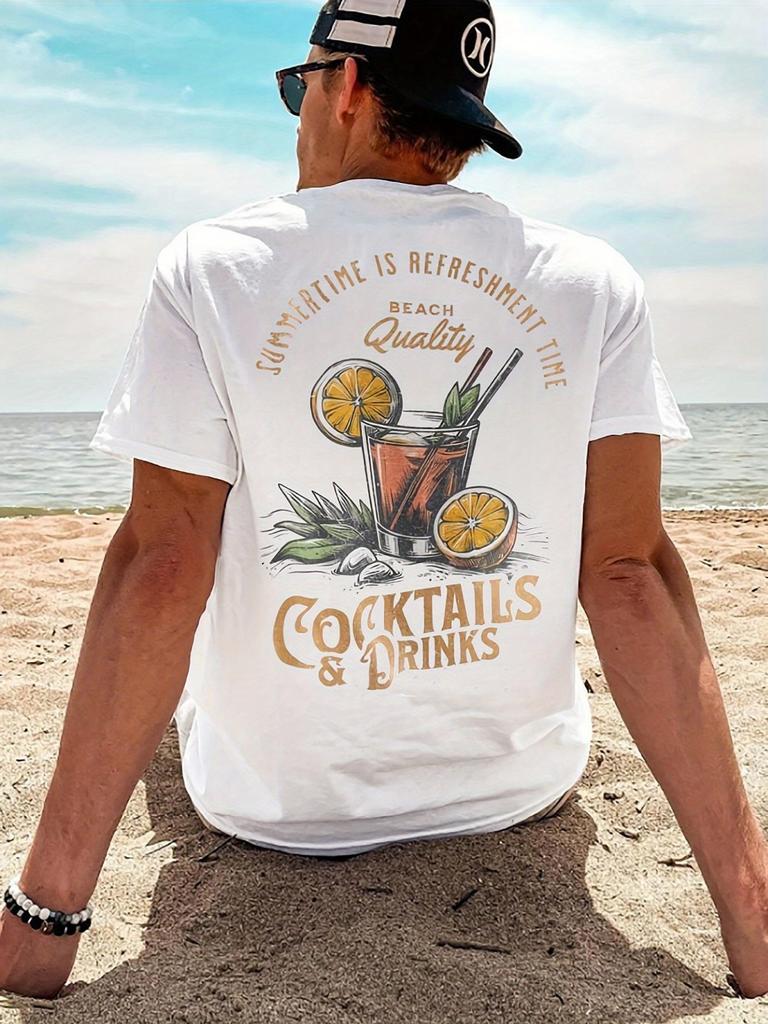 Summer Men's New Cocktail Beach Landscape Print Breathable and Comfortable Round Neck T-shirt Outdoor Casual Top