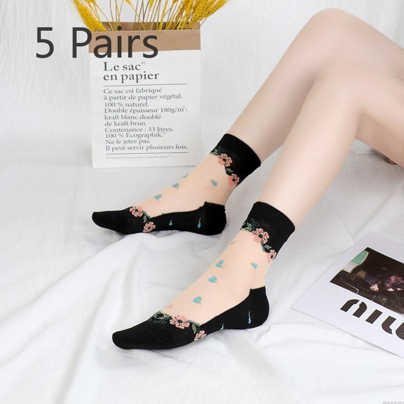 5 Pairs of Women's Spring and Summer Thin Ice Silk and Cotton Bottom Crystal Silk Anti Hook Silk Stockings