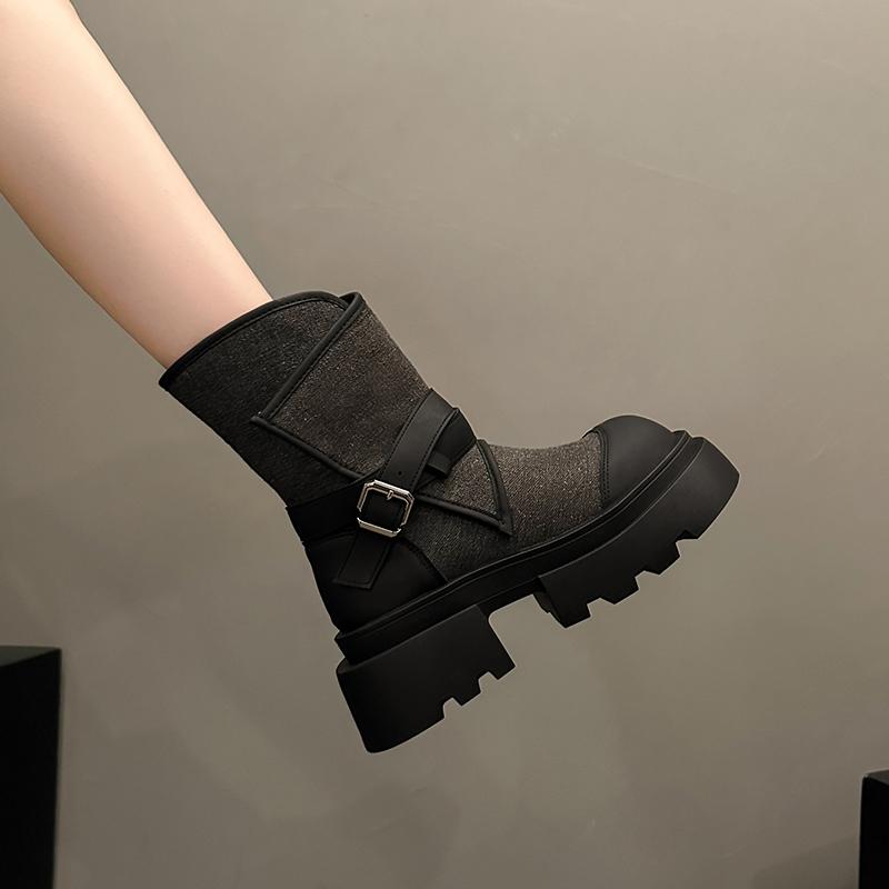 Denim Ankle Boots Women 2024 Autumn Thick Heeled Cowgirl Boots Thick Bottom Platform Shoes Ladies Elegant Morder Short Boots