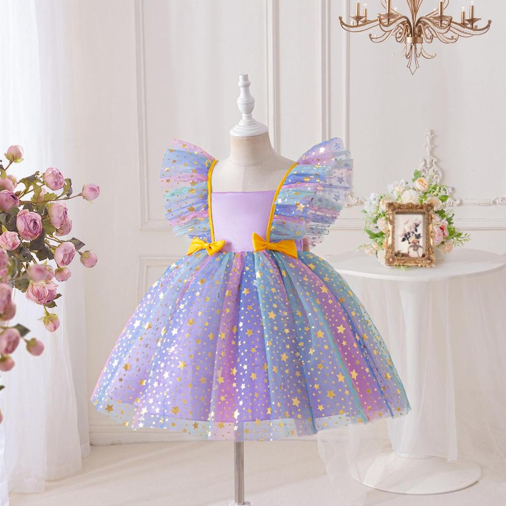 Children's Princess Dress Set with Seven-Color Wing Sleeves, Starry Mesh, and Fluffy Ball Gown