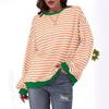 Women's Simple Home Casual Striped Pattern Round Neck Trendy Long-sleeved Pullover Color Block T-shirt