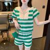 Western Style Fashion Suit for Women Summer Striped Navy Collar Short-sleeved T-shirt Shorts Two-piece Set