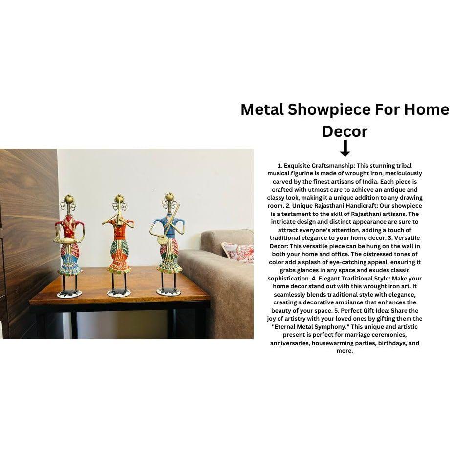 Mehrfarbiges Set aus 3 Rajasthani Stammesmetallhandwerk Musiker Schauobjekt Statue Tischdekoartikel für Zuhause, Antike Geschenkartikel, Schauobjekt