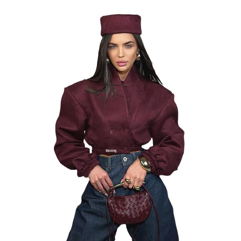 Burgundy Slimming V-Neck Double-Breasted Jacket - 2025 Spring Women's Fashion