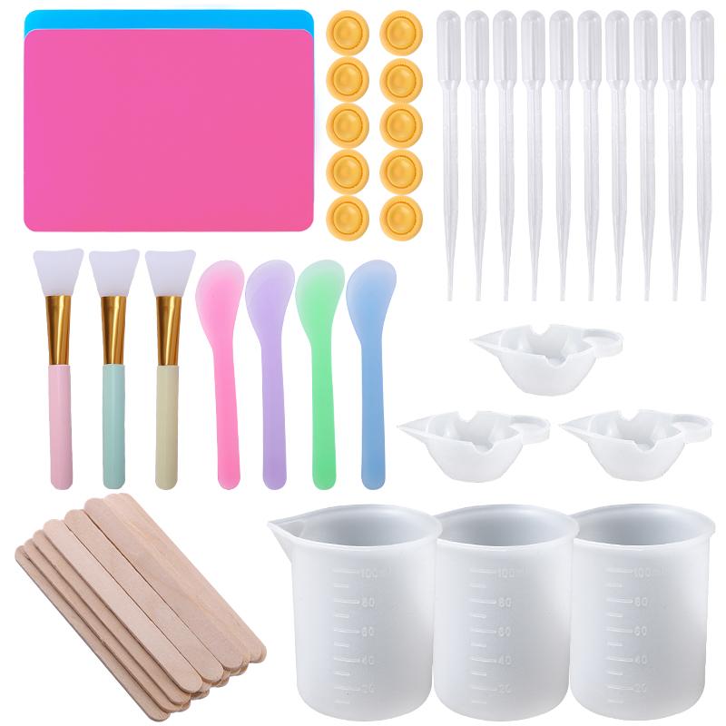 Easy Clean Silicone Resin Measuring Cups Tool Kit with Stir Sticks Pipettes Spatula Finger Cots for Epoxy Resin Mixing Supplies