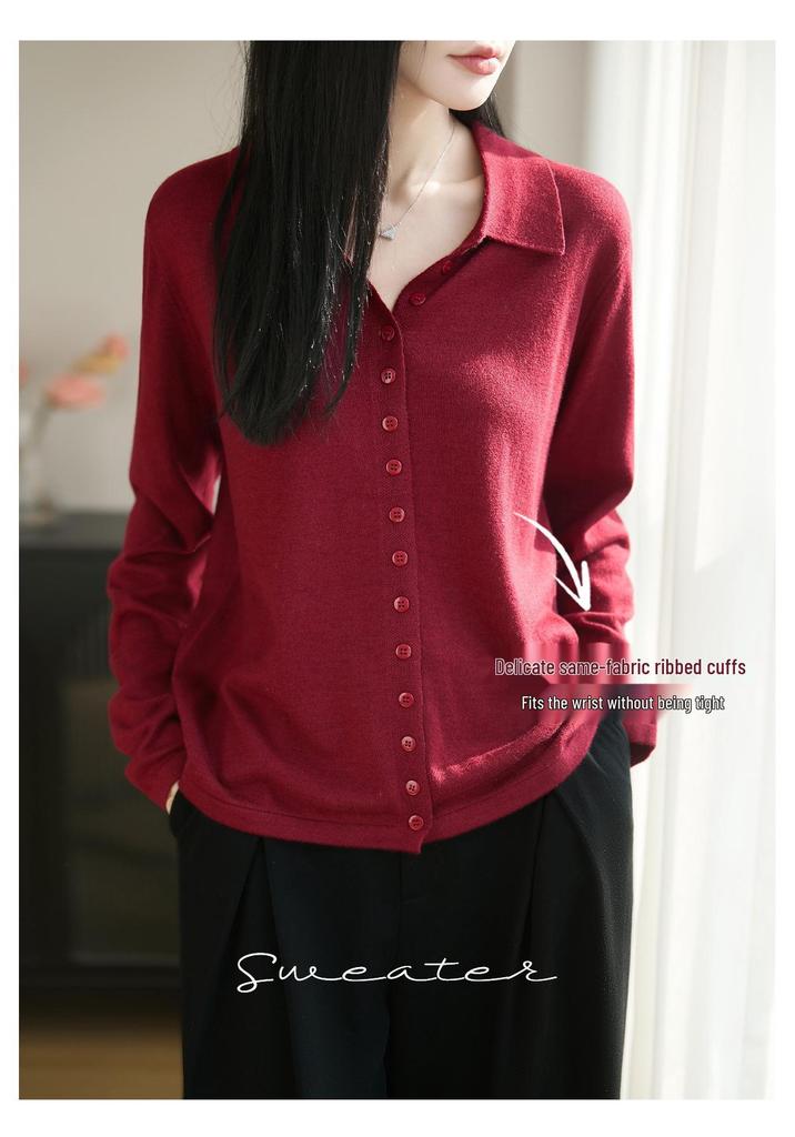 Women's Korean Style Lapel Wool Knit Cardigan with POLO Collar - Long Sleeve, Versatile, Casual Sweater for Spring.