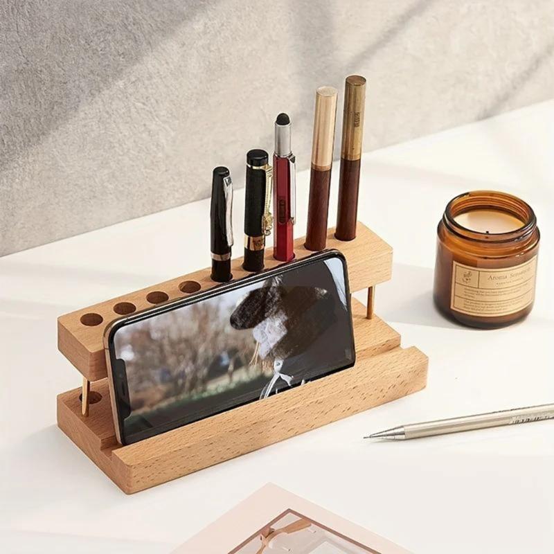 Multipurpose Wood Office Organizer Pen Holders and Mobile Stand Pen Storaging Rack Wood Texture Suitable for Office