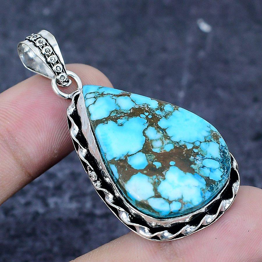 Tibetan Turquoise Gemstone 925 Sterling Silver Jewelry Pendant 2.09"