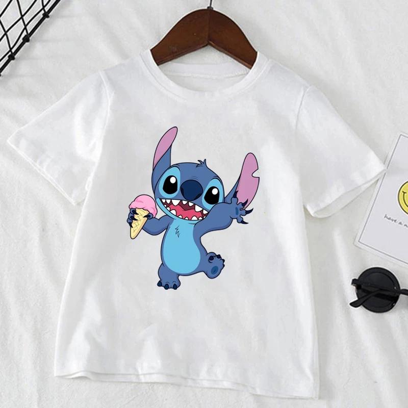 Cute Disney Stitch Print Kids T-shirts Summer White Short Sleeve Boys Girls Tee Shirt Child Cartoon Harajuku Tops Clothes