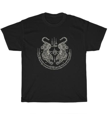 Sak Yant Thai Tetoválás Két Tigris Muay Mágikus Thaiföld Póló Unisex Póló Ajándék