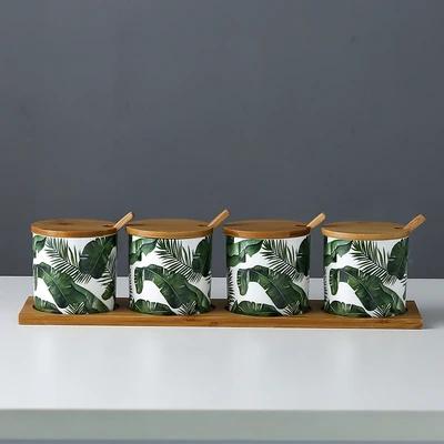 Kitchen seasoning tools ceramic seasoning jar set marble pattern cruet bamboo tray kitchen supplies seasoning box salt shaker