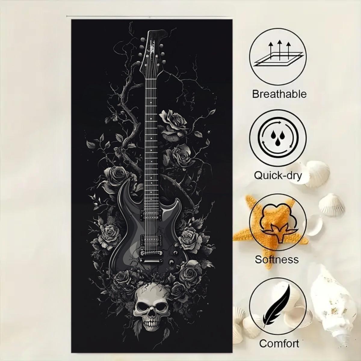 

Music Theme Beach Bath Towel Ultra-Fine Fiber Quick-Dry Large Black Electric Guitar Skull with Roses Headphones Design W30*H60(CM)