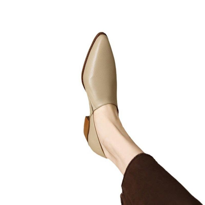 Women Pointed Toe Mid Heel Pumps Soft Leather Dress Shoes Office Work Shoes Comfortable Slip On Shoes Fashion Thick Heel Shoes