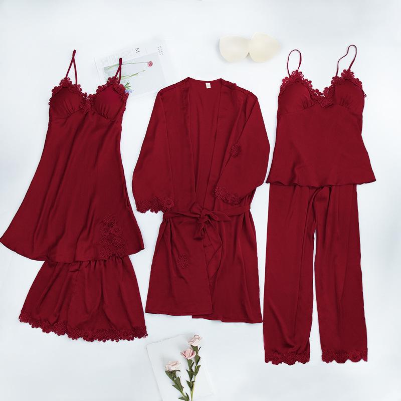 Yao Ting Satin Chiffon Five-Piece Pajama Set: Ice Silk, Casual, Sexy, with Chest Pads for Spring/Summer