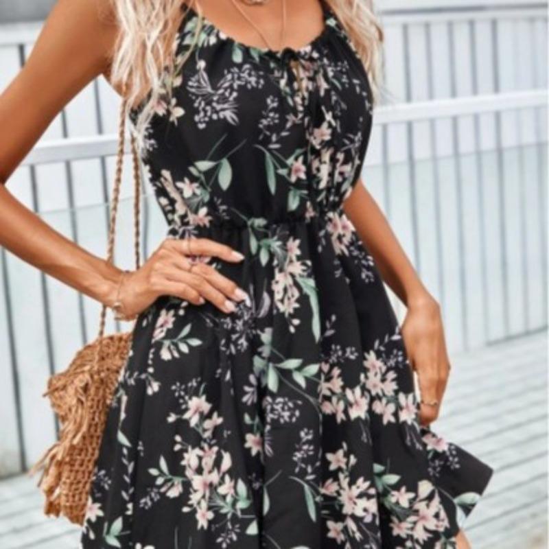 Women Dress Elegant Sleeveless Pullover Stitching Elastic Waist Sling Women's Dress