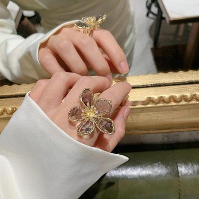 Yousheng Bague Femme Strass Clairs Ouverte Réglable Colorée Grand Pétale Fête Tendance Bague Accessoires de Bijoux