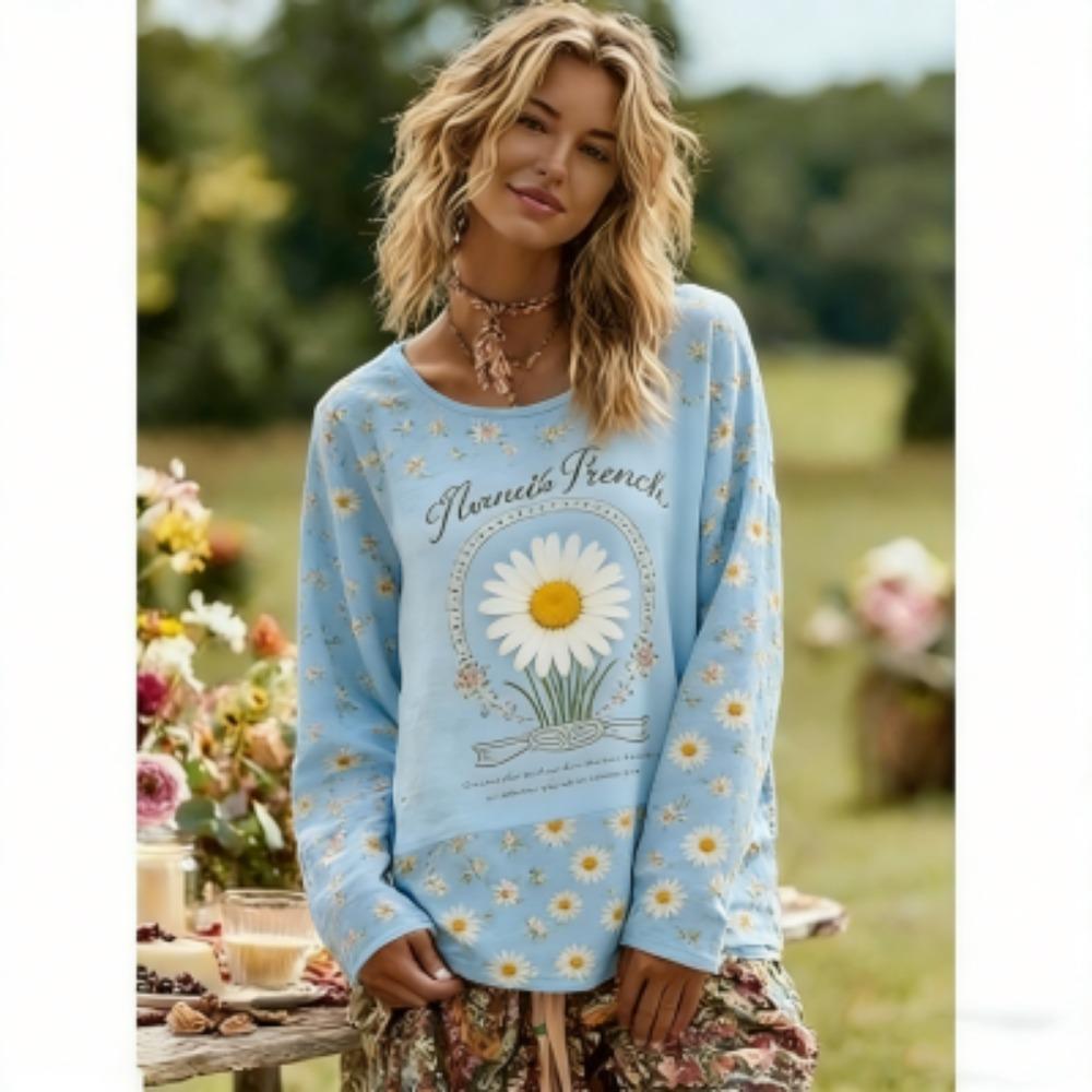 Spring Europe America Rose Flower Print Women's Tees Tops Fashion Street Women Long Sleeve Clothing Outdoor Casual T-shirt Pullover