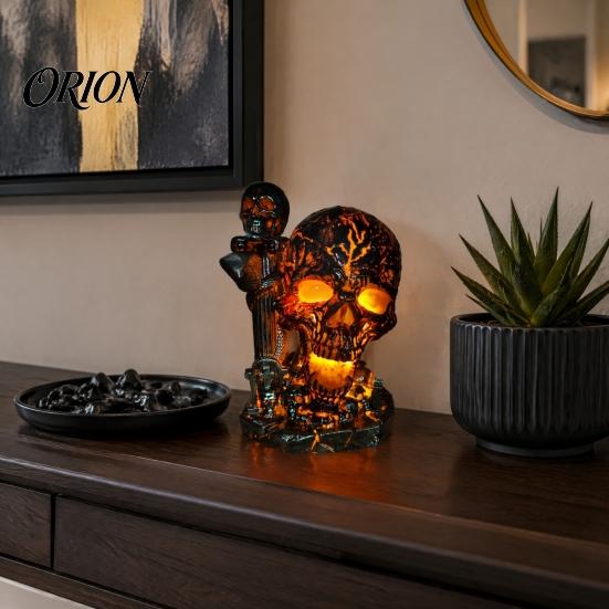 Dark Aesthetic Night Light Skull Table Lamp, Halloween Glowing Skeleton Resin Figurine, Gothic Ambient Goth Chic Room Decor for Mantel Shelf