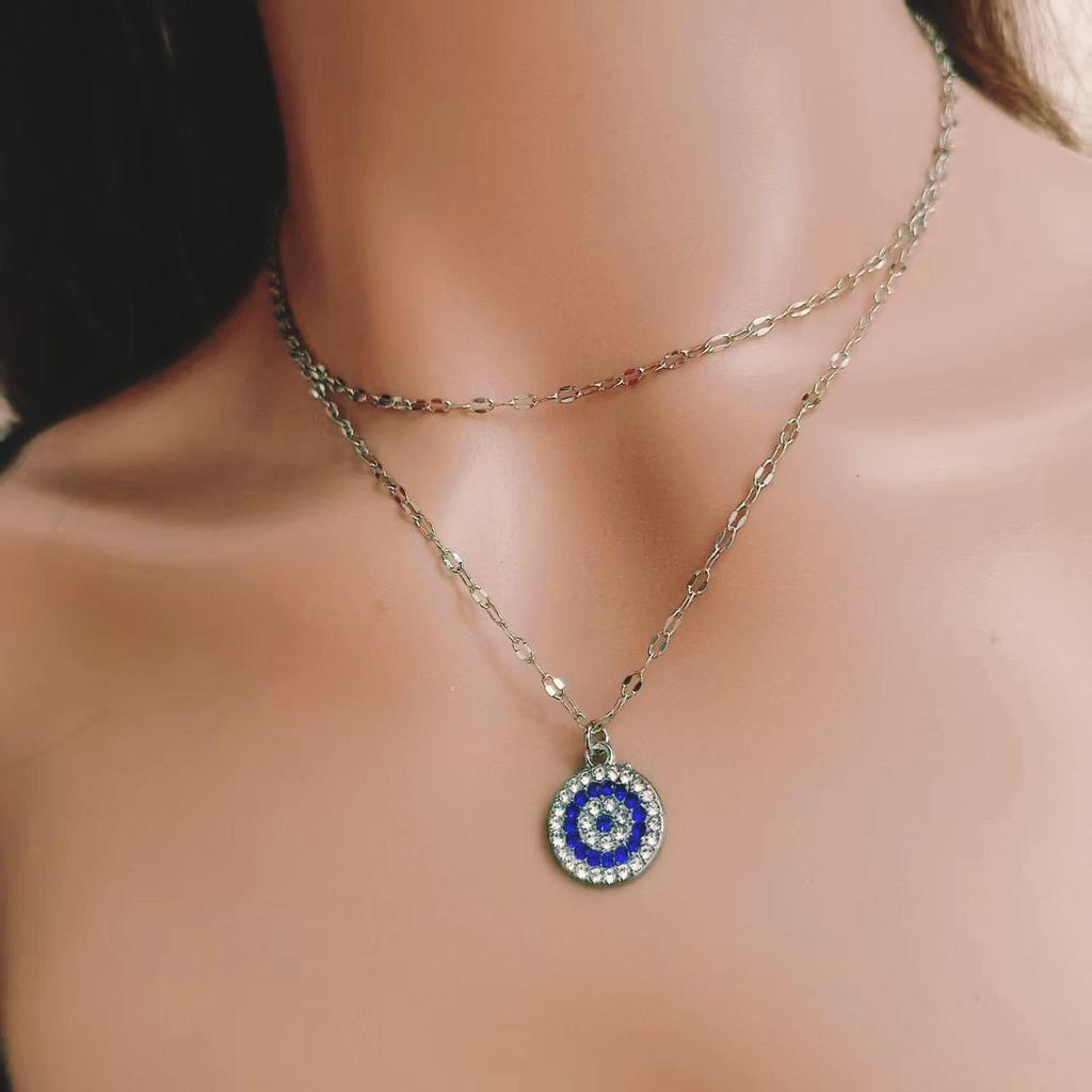 European & American Double Layer Evil Eye Pendant Necklace - Trendy Alloy Retro Chain for Women