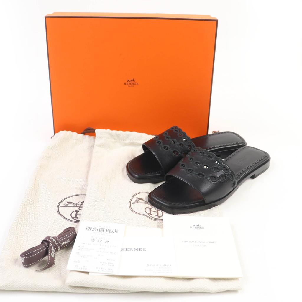 Hermes Sandals Frog Chaine d'Ancre Leather Flats Black Leather Women 36.5 Used