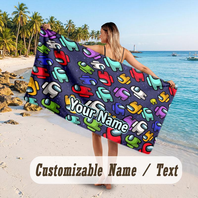 Personalized Beach Towel,Among Us Custom Printed Name Text, Super Absorbent Towel For Beach Vacation