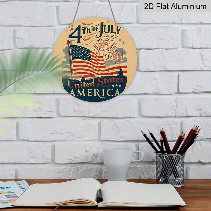 2D Flat 1pc, 8x8 In, Independence Day Celebration Themed Round Aluminum Metal Sign; Front Door Porch, Living Room, Bedroom Home Decor, Country Style