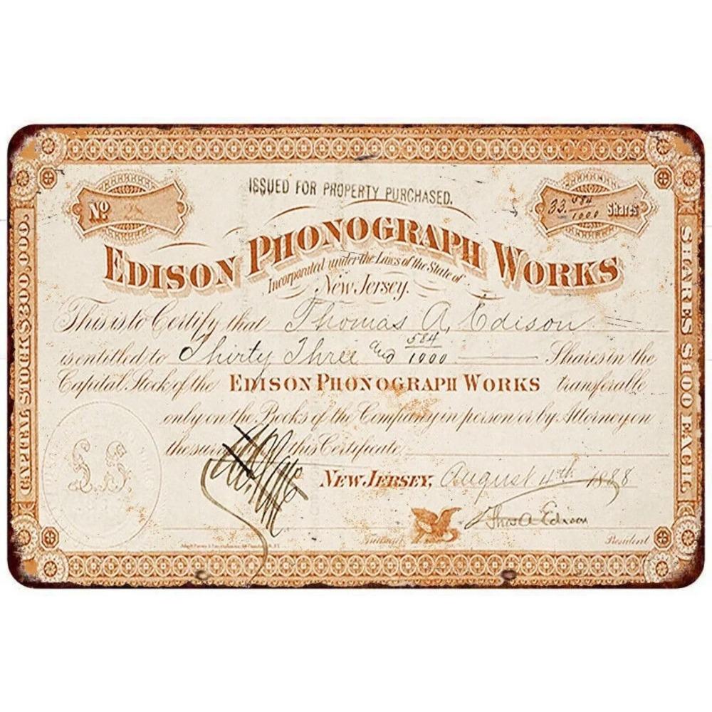 Edison Phonograph Stock Certificate Reproduction Aluminum Wall Decor Sign 20x30cm