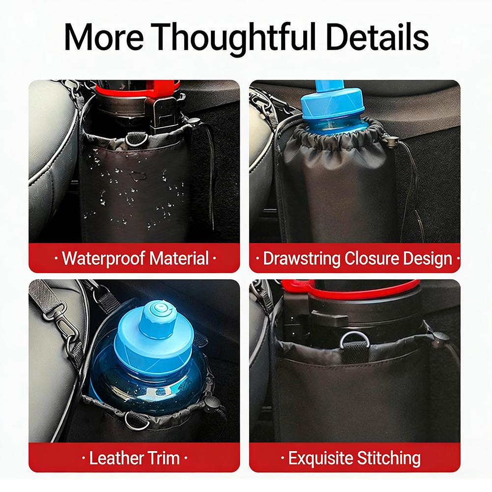 Universal Car Water Bottle & Thermos Holder For Center Console Side Mount with Storage Pocket Adjustable Strap Interior Organize