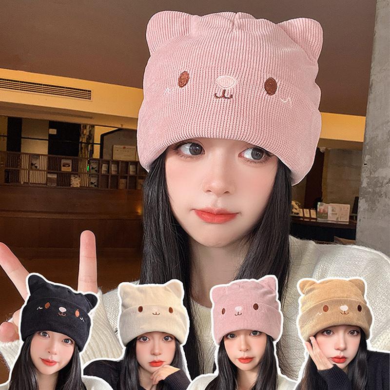 Cute Cat Embroidered Knitted Hat Outdoor Warm Ear Protection Cat Ears Wool Cap Over Head Cold Cap Street Beanies Cap Penny Cap