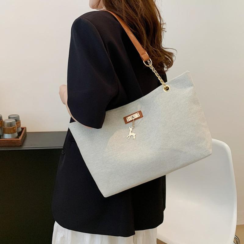 Large Capacity Canvas Shoulder Bag with Leather Strap, Casual Versatile Tote Bag with Deer Charm Crossbody Bag for Women Commute