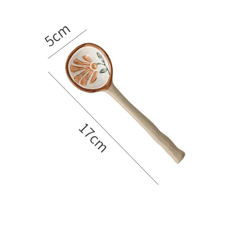 Ceramic Small Soup Spoon Japanese Style Stoneware Spoon Long Handle Spoons Household Cute Creative Spoons Kitchen Tableware