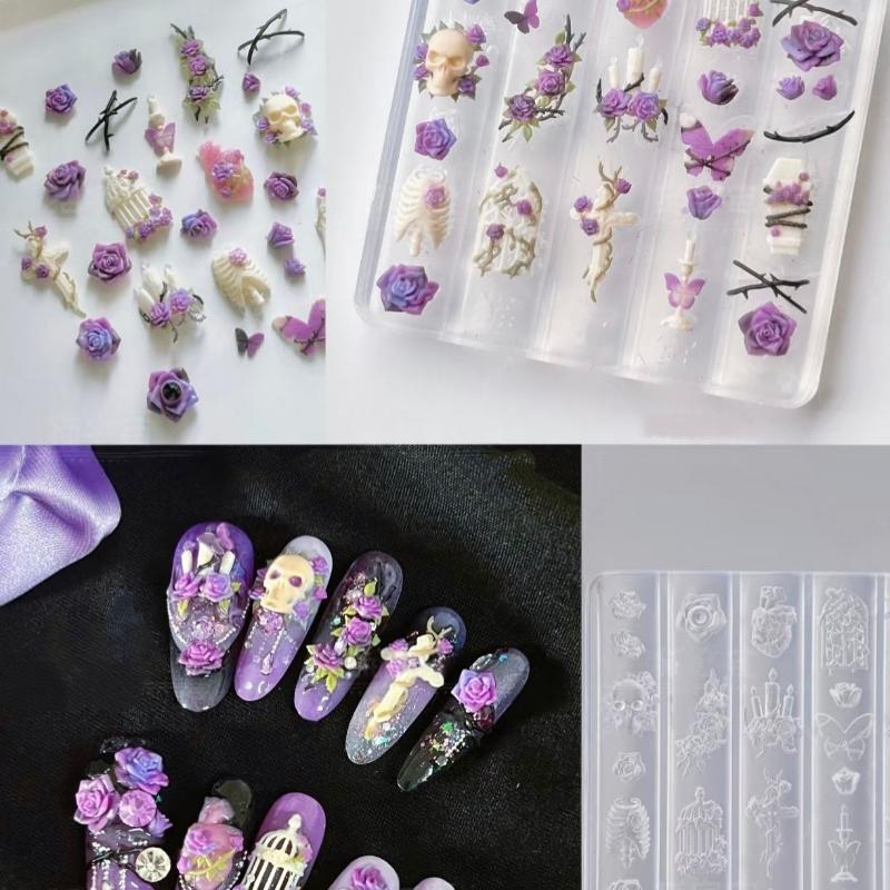 3D Creative Transparent Nail Mold Diy Nail Art Decoration Rose Candlestick Skull Butterfly Birdcage Nail Art Carving Mold