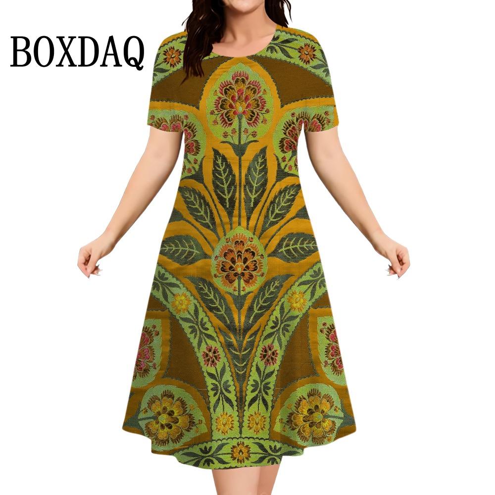 Retro floral print women's summer round neck short sleeved loose mini dress casual women's retro plus size dress women