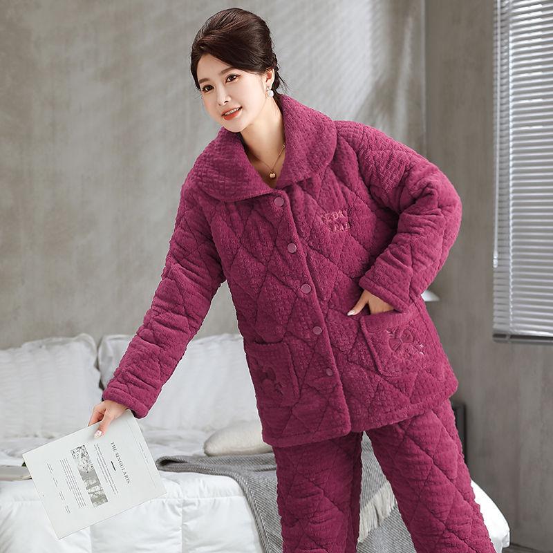 Damen Winter Korallfleece Gesteppter Pyjama - Dickes Flanell Warmes Hausanzug-Set für Mittelalte und Ältere Mütter