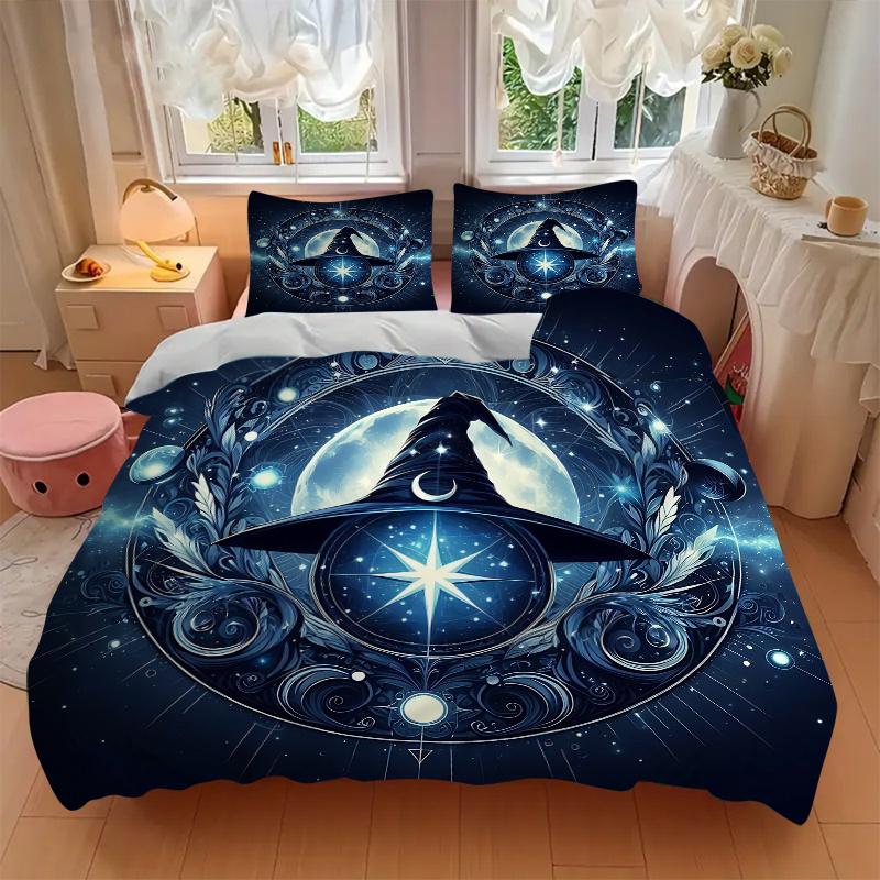 3pcs Wizard's Hat A Mystical Celestial Emblem Printed Duvet Cover Set (1 * Cover+2 * Pillowcase, Without Core), Suitable for Home Bedroom, Guest