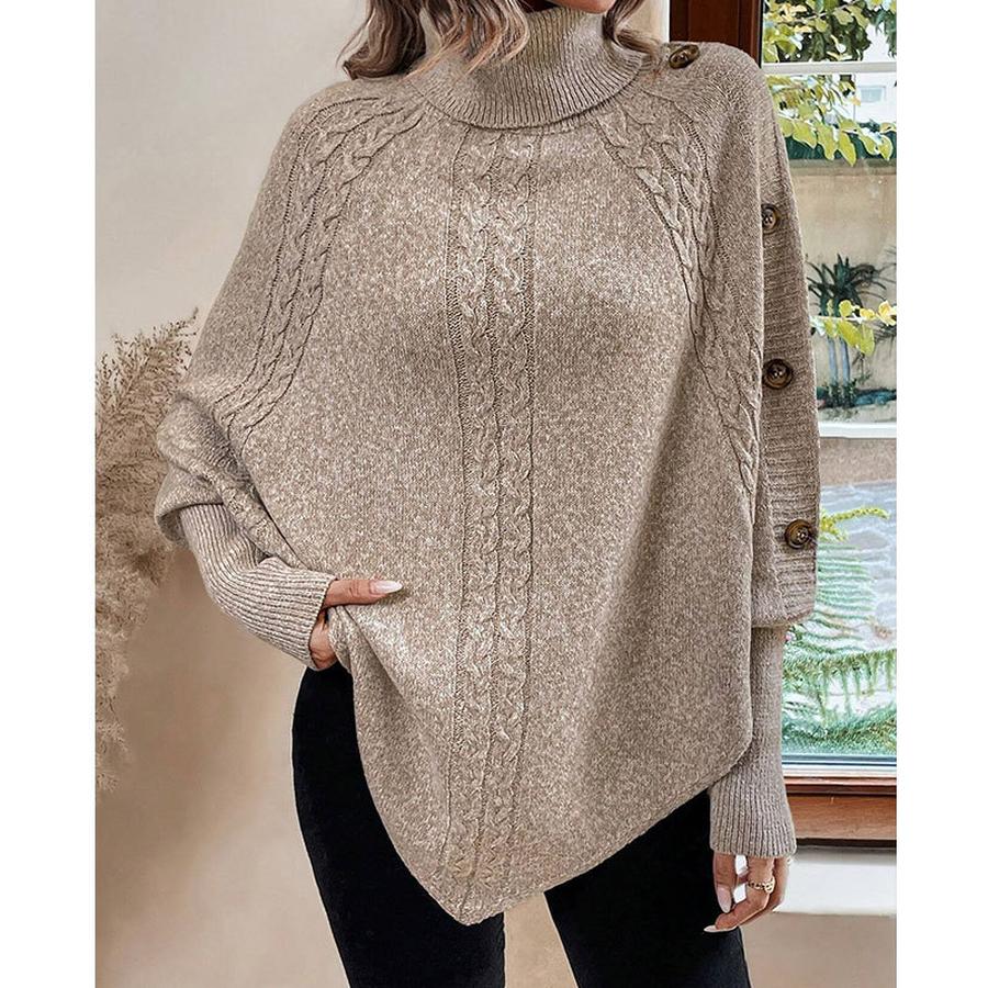 Autumn Winter New Knitted Sweater Women's Clothing, Cable Knit High Neck Button Long Sleeve Top