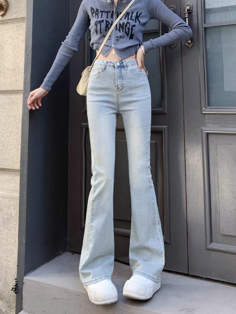 

Женские джинсы Yellow Mud 2024 с высокой посадкой и микроклешем - Прилегающие, Универсальные, Брюки Pure Desire полной длины для лета. S светло-синий