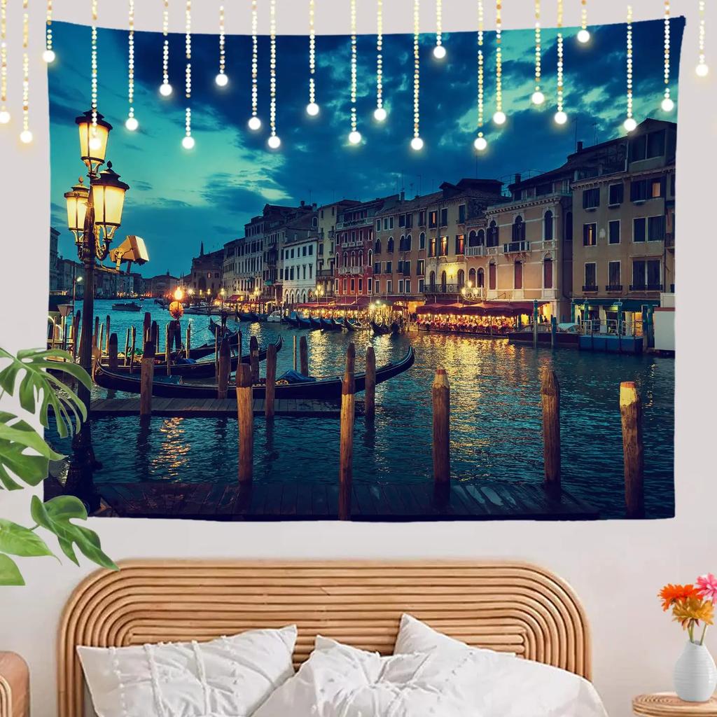 Water Venice Tapestry,Grand Canal and Famous Italian Architecture City Tapestry,Wall Hanging for Bedroom Living Room Dorm Decor