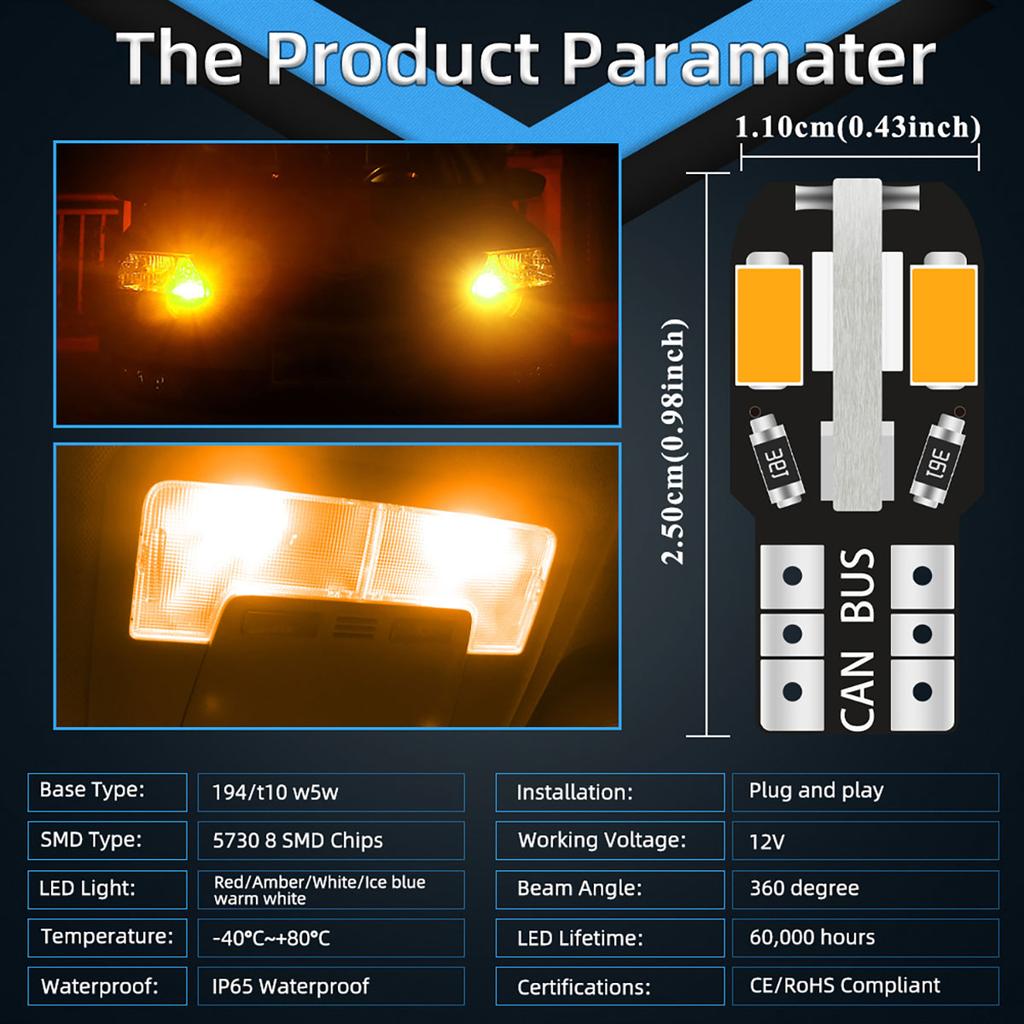 10/20PCS W5W T10 LED Bulbs Car Reading Light Clearance Lights 8SMD 12V 194 168 Side Wedge Light For Car License Light Warm White