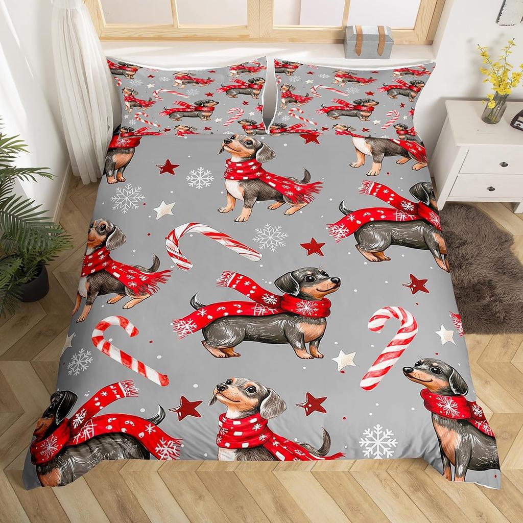 Dachshund Dog Duvet Cover Set Twin King Merry Christmas Theme Bedding Set 3Pcs For Kids Teens Kawaii Cartoon Pet Comforter Cover