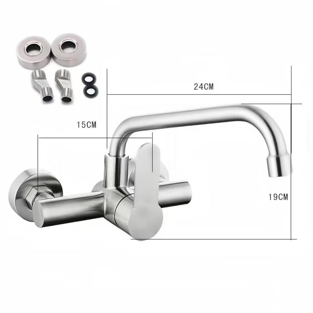 Grifo de Cocina de Acero Inoxidable 304 Montado en Pared de Doble Agujero con Salida Giratoria de Agua Caliente/Fría