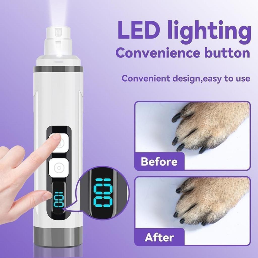 Dog Nail Grinder Quiet- Ultra-Quiet Dog & Cat Nail Grinder with LED Light & Battery Display & Upgrade Grinding Head - Painless Nail Trimmer for Small