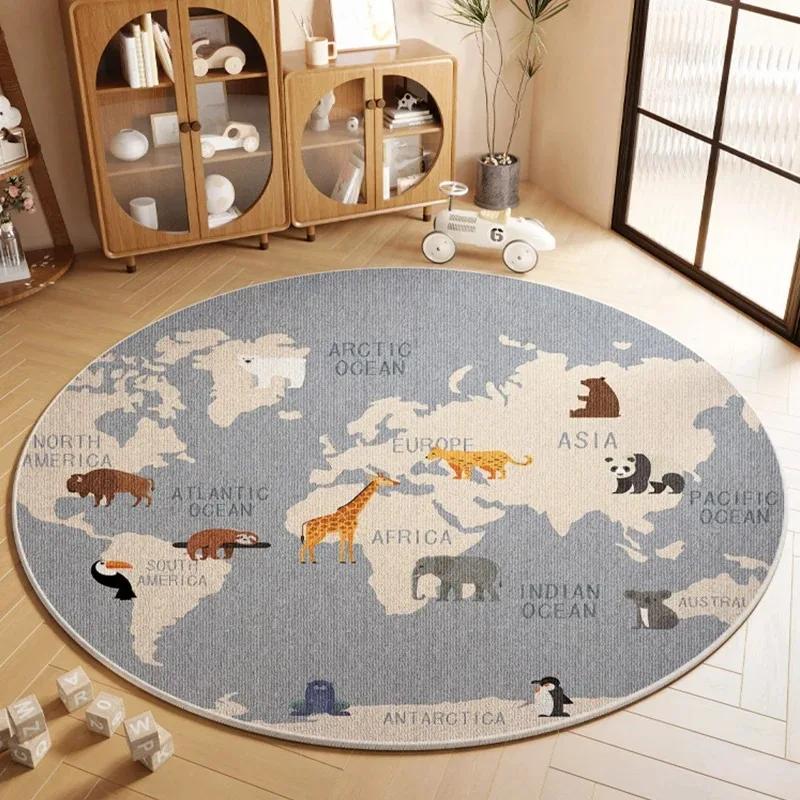 Cartoon Style Animal Pattern Round Carpet, Kids' Play Mat, Living Room Decorative Mat, Study Room Floor Mat, Stain-Resistant