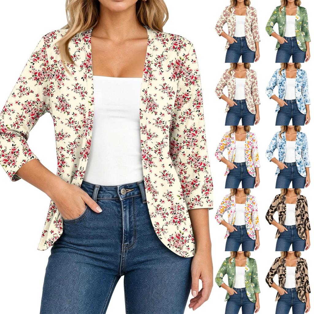 Women's Lightweight Loose Fit Vintage Floral Print Three-Quarter Sleeve Cardigan for Casual Daily Wear