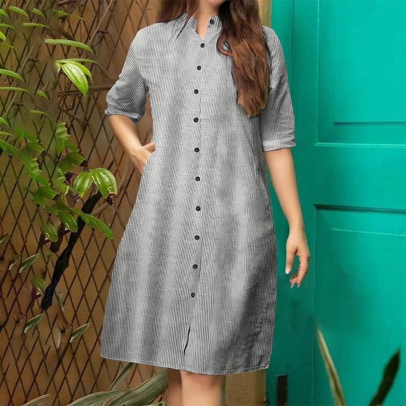 

ZANZEA Women Stand Collar Casual Stand Collar Stripe Shirt Dress S чорний