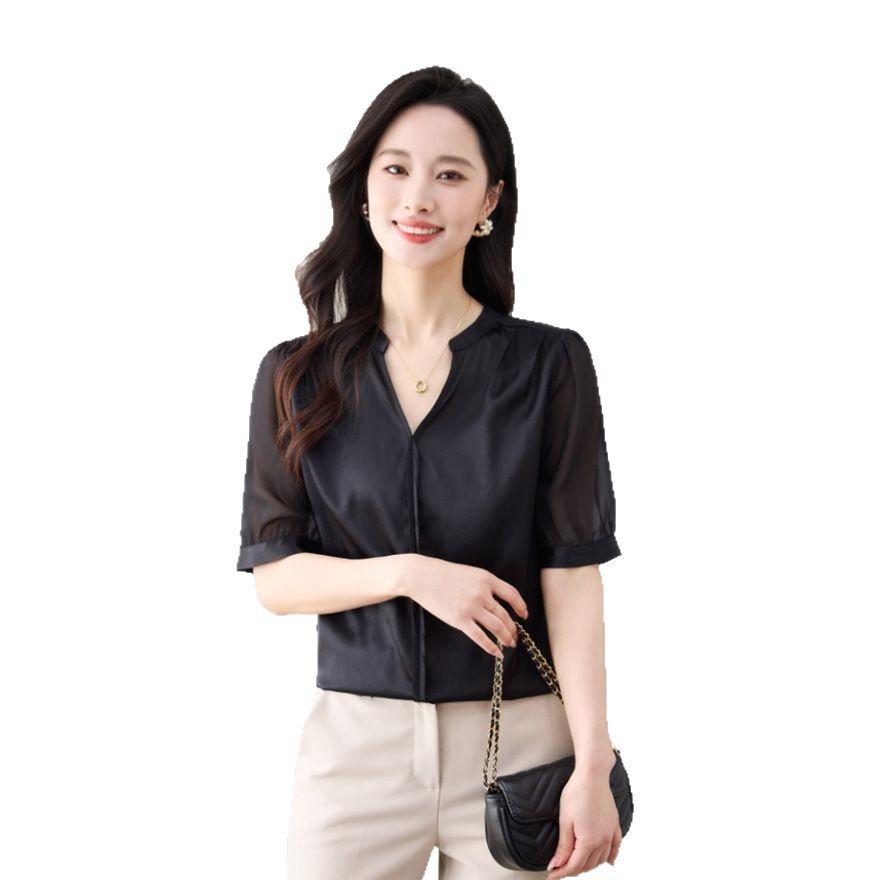 Silk Shirt Women's Fashion Short-sleeved Top Summer New V-neck Loose Mulberry Silk Shirt